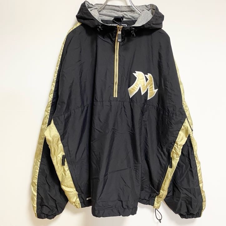 古着 used Holloway 長袖ハーフジップナイロンジャケット ワッペン 黒 ゴールド ビッグシルエット XLサイズ拍卖