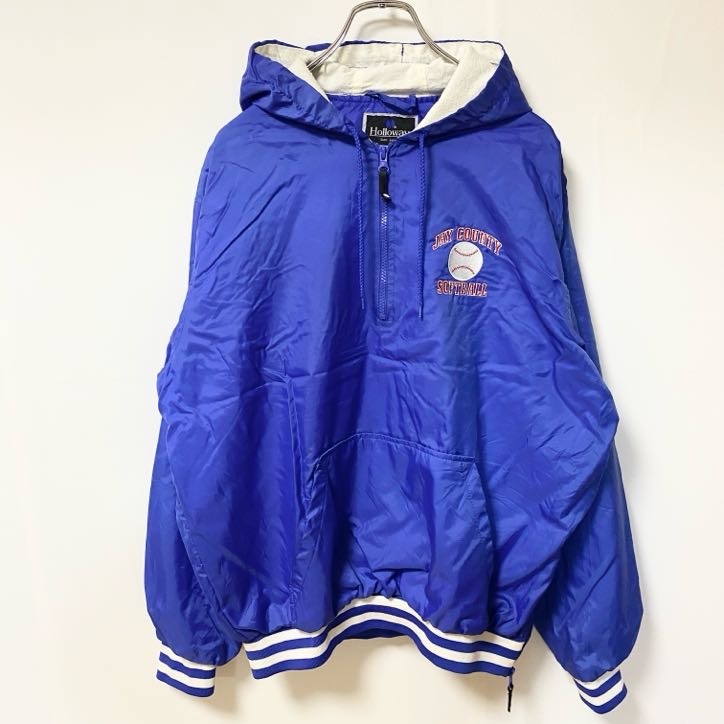 古着 used Holloway ホロウェイ 長袖ナイロンパーカー ハーフジッププルオーバー ワンポイント刺繍 レトロ Lサイズ拍卖