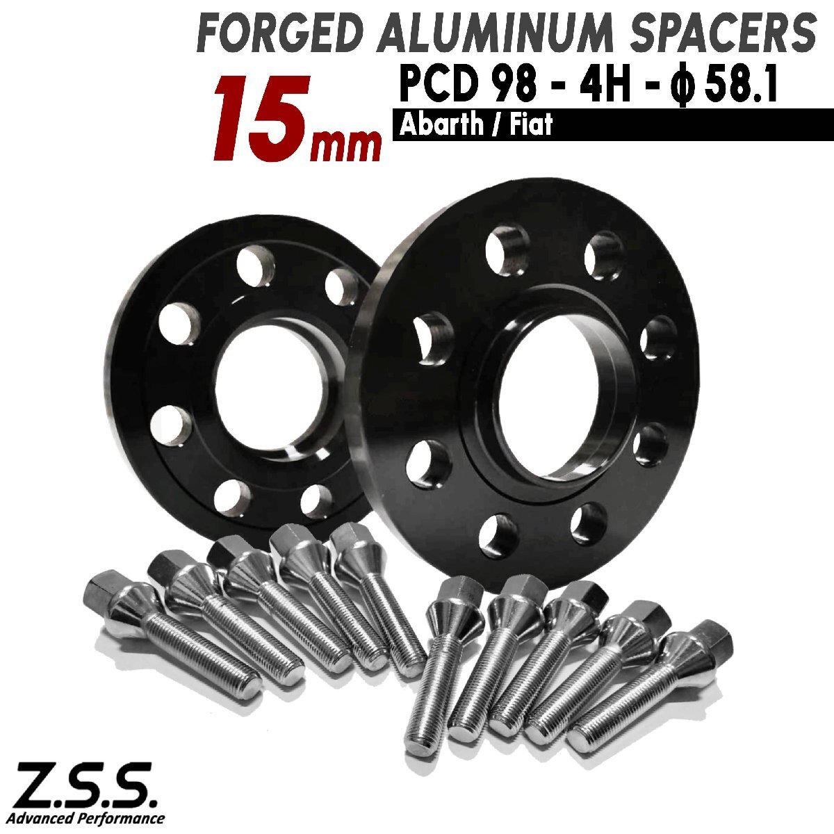 Z.S.S. AP ABARTH アバルト595 ツーリズモ コンペティツィオーネ ピスタ 15mm PCD98 4x98 58.1φ スペーサー M12xP1.25 ボルト付き拍卖