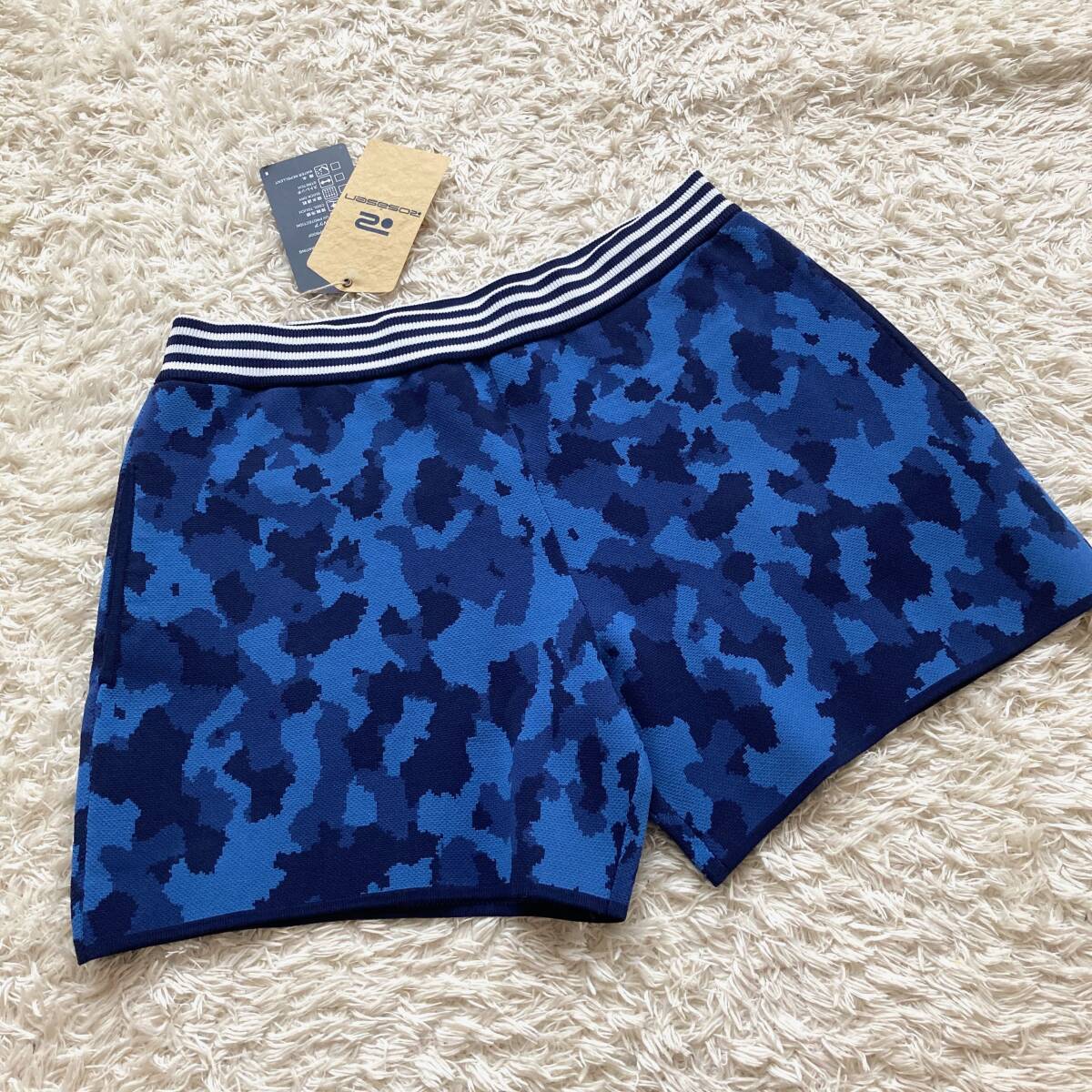 新品 未使用 ROSASEN ロサーセン 迷彩 ニット ショートパンツ 青 ネイビー レディースL ゴルフ カモフラ 短パン キュロット ハーフパンツ拍卖
