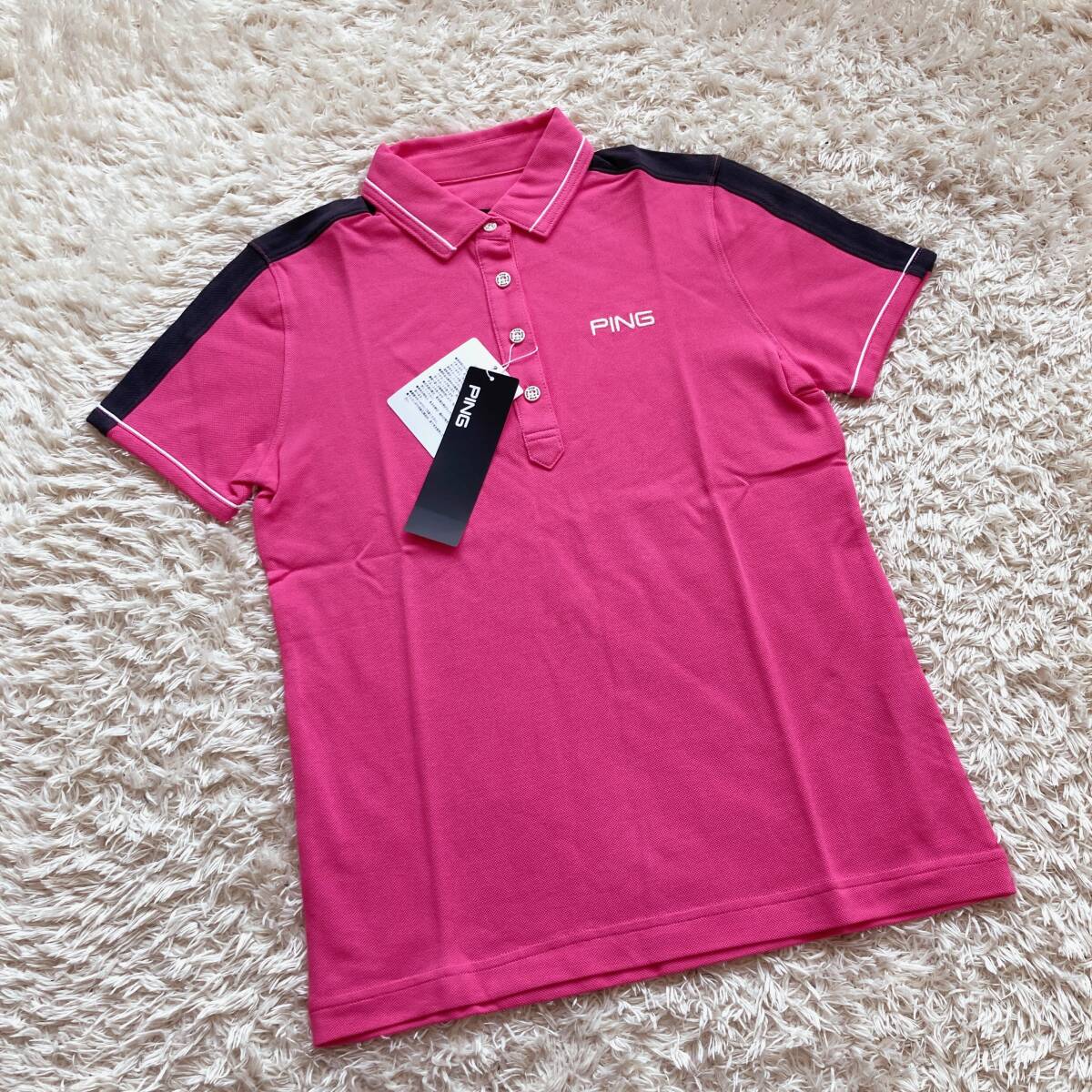 新品 未使用 PING ピン 半袖 ポロシャツ レディースS ピンク ゴルフ 春夏 夏物 黒 ブラック シャツ 女性拍卖