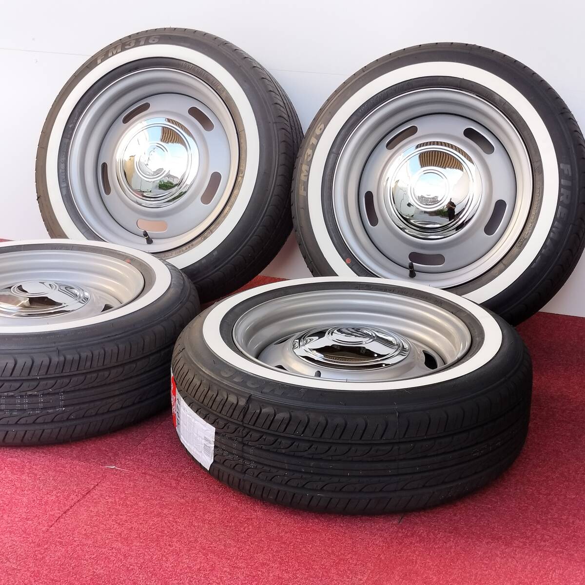 ラリーホイール スチールグレー 15-7.0J 5H114.3/120.65 +19 FIREMAX FM316 195/65R15 91H ホワイトリボン 特価品! 01-2438拍卖