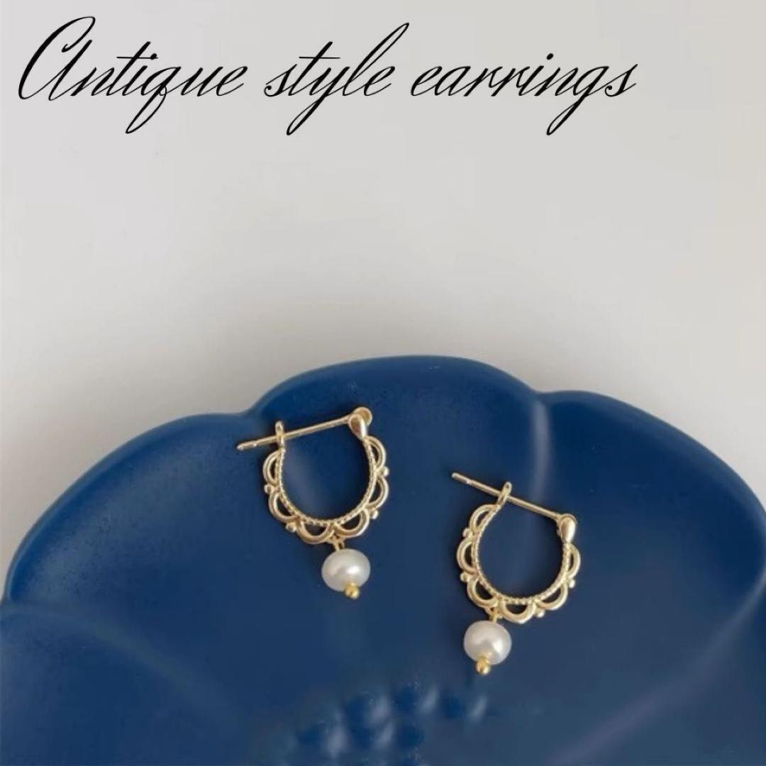 アンティーク ピアス 真珠 レースフープピアス ナチュラル拍卖