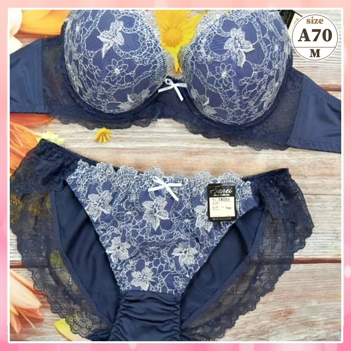 Za7018◆新品 ブラショーツセット【A70/M】下着 ランジェリー 丸胸 ジャスミン チュールレース 紺拍卖