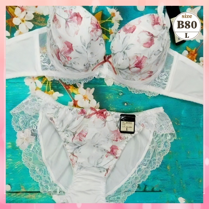 Zb8025◎新品 ブラショーツセット【B80/L】下着 ランジェリー 脇高 谷間メイク 花プリント 白拍卖