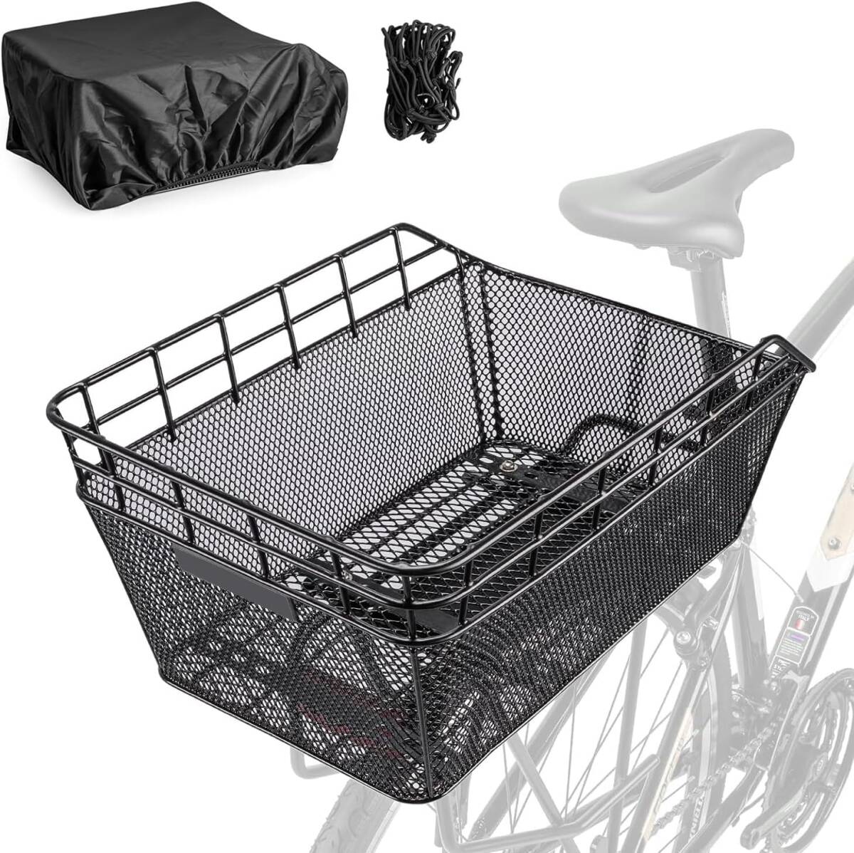 自転車リアバスケット うしろ用バスケット 自転車用バスケット(カゴ) 後ろ固定式 大容量 簡単取り付け 通勤 防水カバー付き拍卖