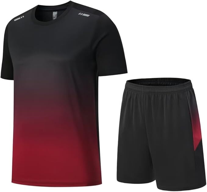 ブラックレッド色 XLサイズ moxixom スポーツウェア メンズ ジャージ 上下セット 運動服 半袖 tシャツ + スポーツ ハーフパンツ拍卖