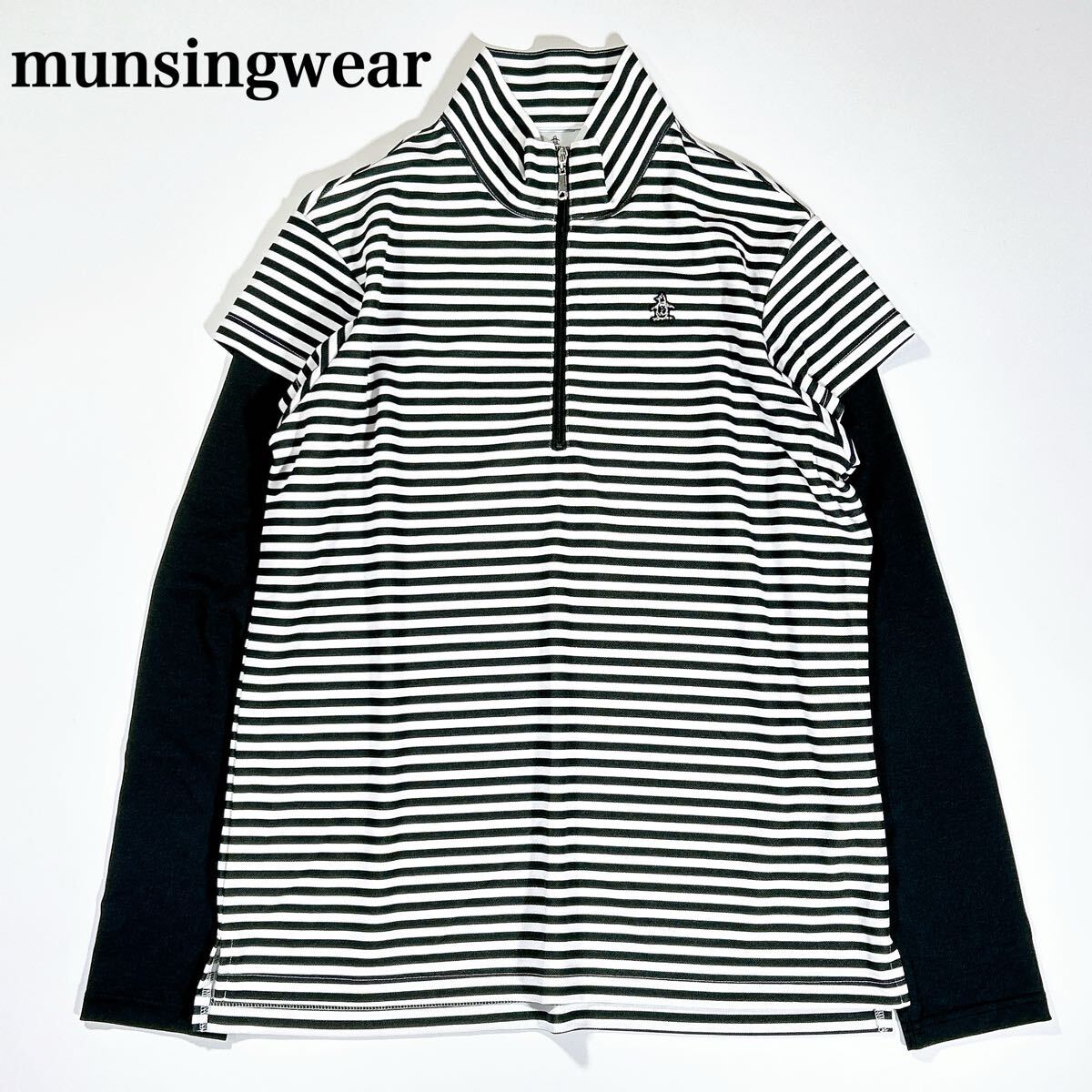 美品 munsingwear マンシング 大きいサイズ LL ポロシャツ スタンドカラー 長袖 切り替えボーダー ゴルフロゴワッペンレディース C92523-08拍卖