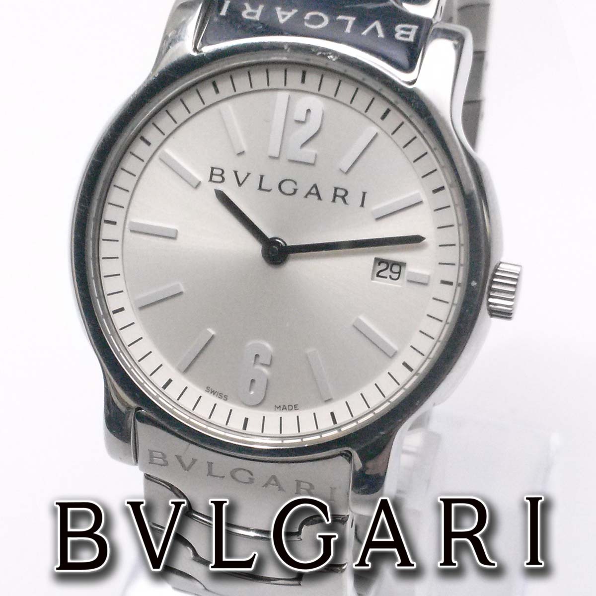 【美品-良品】ブルガリ 腕時計 ソロテンポ メンズ ST35S シルバー文字盤 純正ブレス SS QZ 稼働品 電池式 ap9329【一撃即決】拍卖