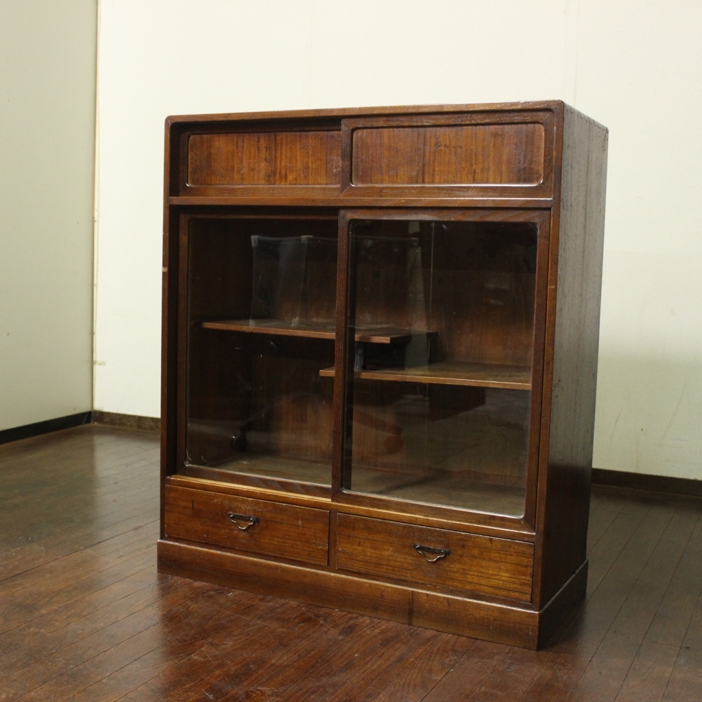 アンティーク レトロ 古い木製茶箪笥 収納棚/和家具/飾棚/茶棚/食器棚/時代箪笥/茶道具/ガラス戸棚/煎茶棚拍卖