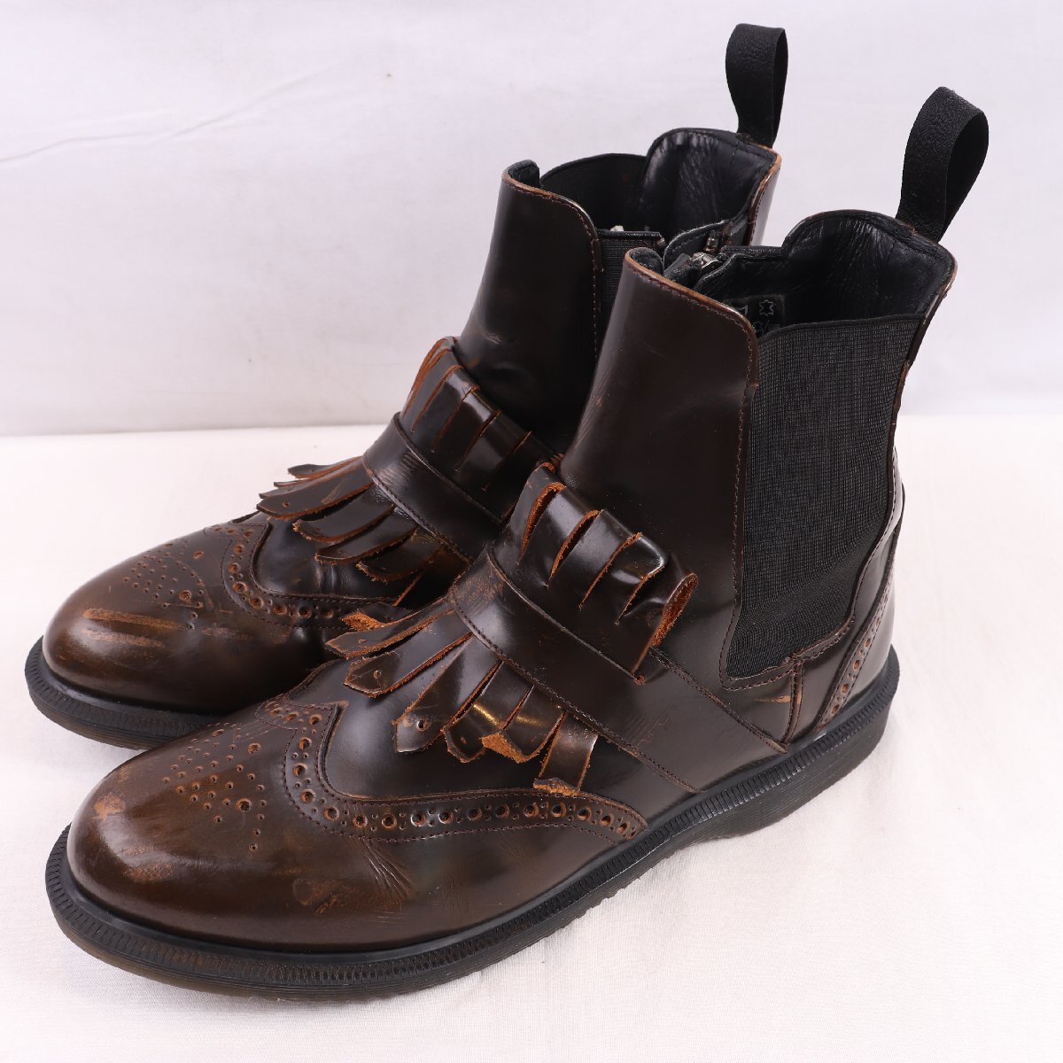 ドクターマーチン UK9/27.5cm-28.0cm/ウィング タッセル サイドジップ TINA 茶 レザー メンズ ブーツ dr.martens 中古 古着 dh4262拍卖
