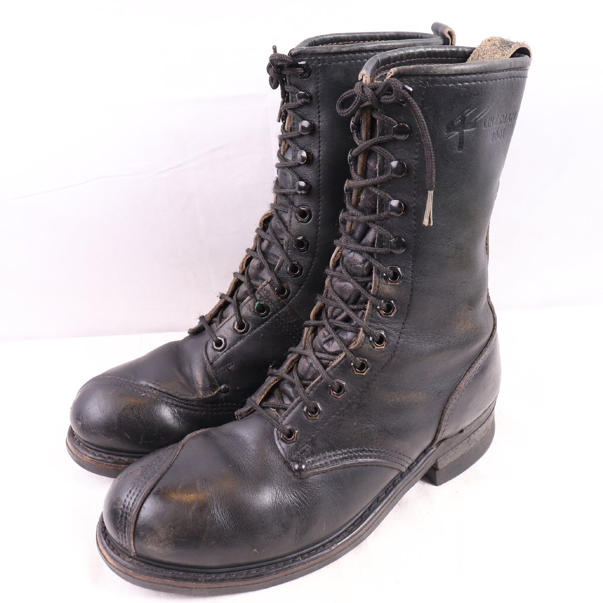 ラインズマンブーツ 9.5/ 27.5cm 位 LINEMAN BOOTS スチールトゥ ワークブーツ 編み上げブーツ 黒 ブラック メンズ 中古 古着 eb1925拍卖