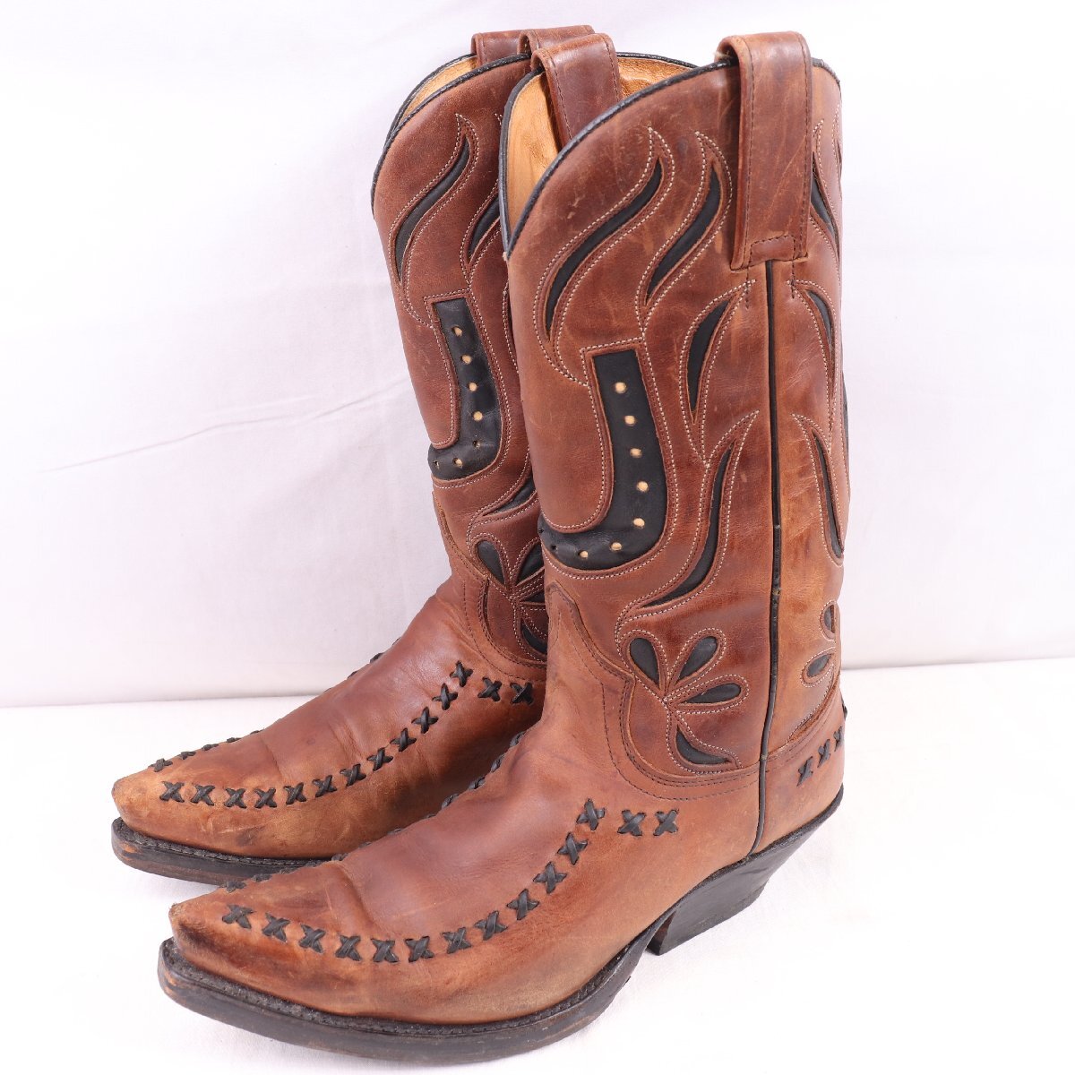 スペイン製 センドラ 表記 US7 1/2 EU40 / 実寸 25.5cm~26.0cm 位 sendra ウエスタンブーツ 刺繍 ローパー カウボーイ 古着 中古 eb1930拍卖