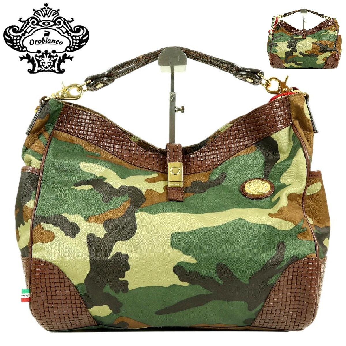 【B3392】【美品】Orobianco オロビアンコ ハンドバッグ トートバッグ カモフラージュ 迷彩 レザー×ナイロン 拍卖