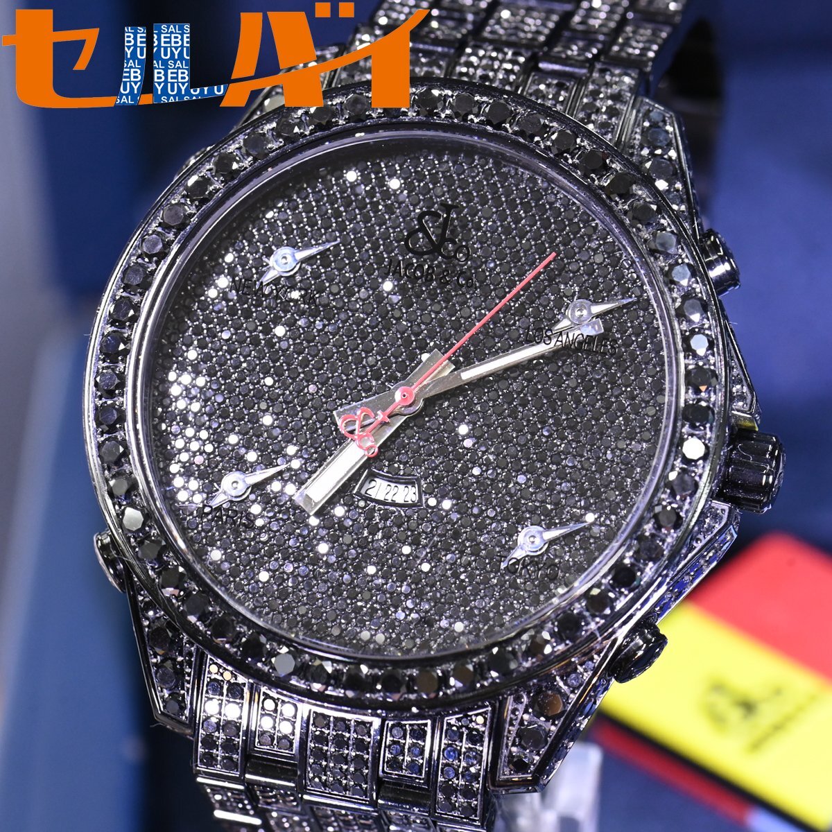 本物 極上品 ジェイコブ 究極 ケース全面 ベゼル全面 ブレス全面 オール純正フルダイヤモンド 5タイムゾーン47 メンズウォッチ 箱 保証書付拍卖