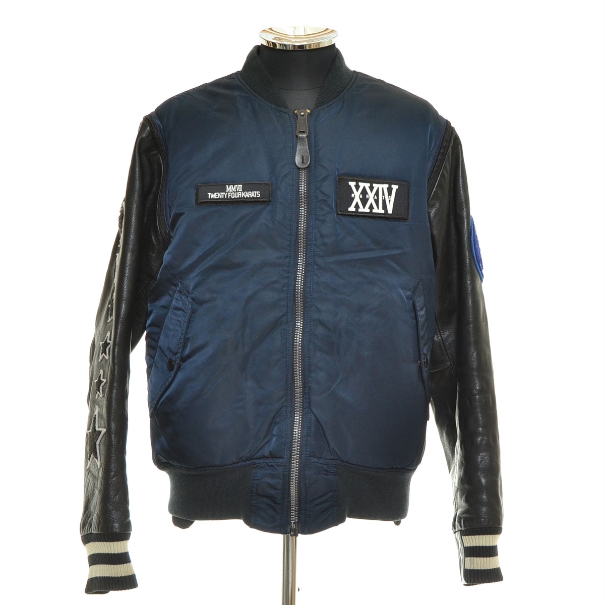 ●562906 24karats × ALPHA 24カラッツ アルファ ●フライトジャケット レザースリーブ 433501 サイズM メンズ ネイビー拍卖