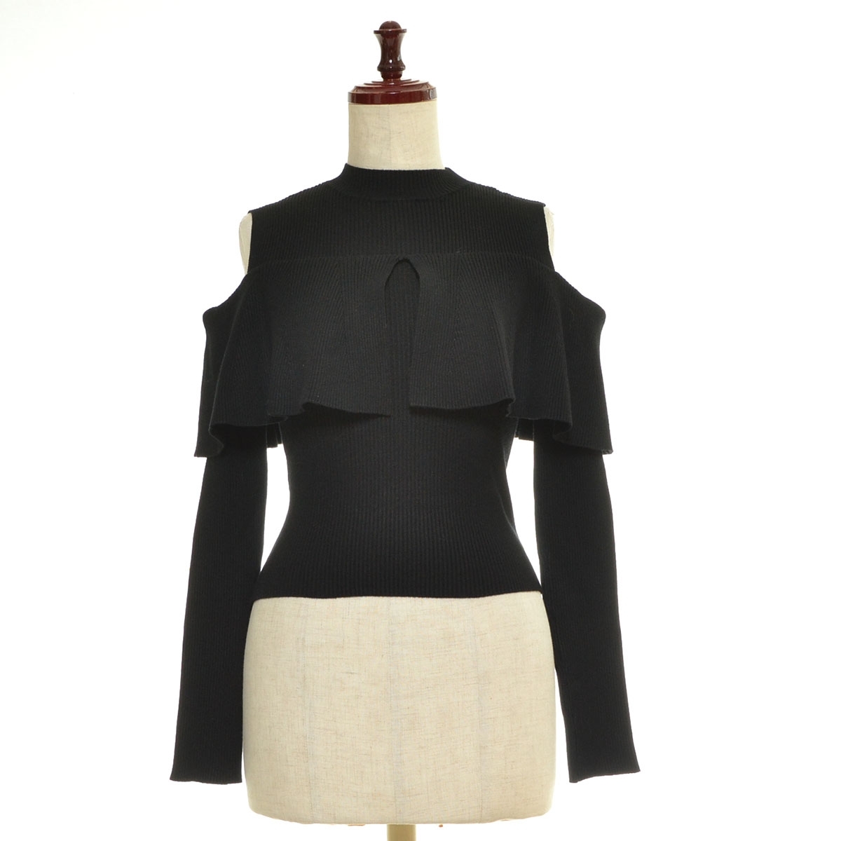 ■559087 eimy istoire エイミーイーストワール ●カットソー セーター オープンショルダーフリルニット サイズF 23ss レディース ブラック拍卖