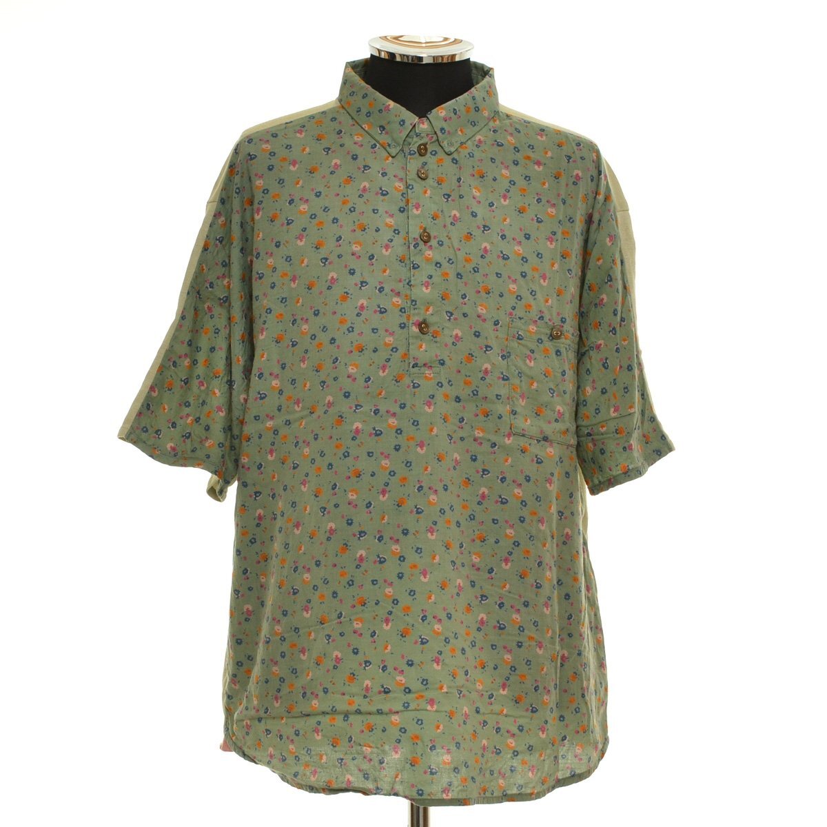 ◆439627 VOO ヴォー 小花柄シャツ 前後パネル切替 ハーフボタン サイズ2 メンズ グリーン 総柄拍卖