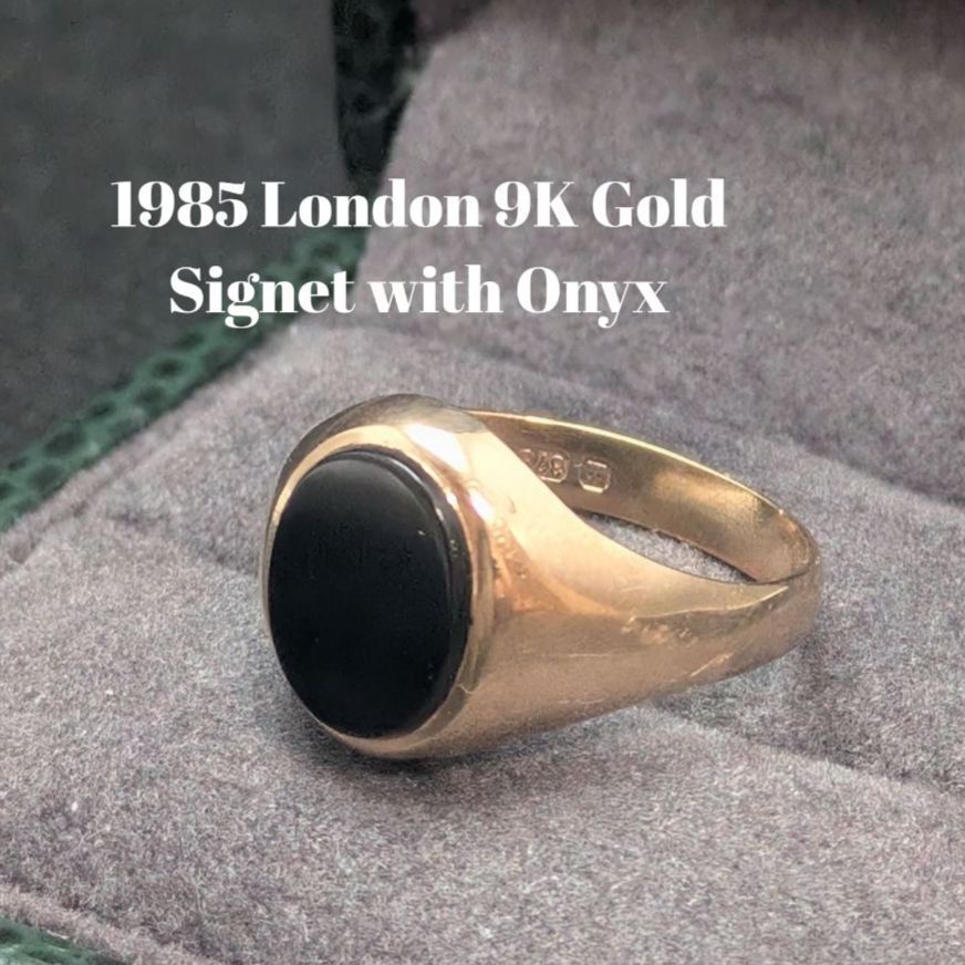 1985年 ロンドン製 9K ゴールド ブラックオニキス シグネットリング 英国ヴィンテージ シグネットバンド 指輪 アクセサリー 9金 宝石 黒石拍卖