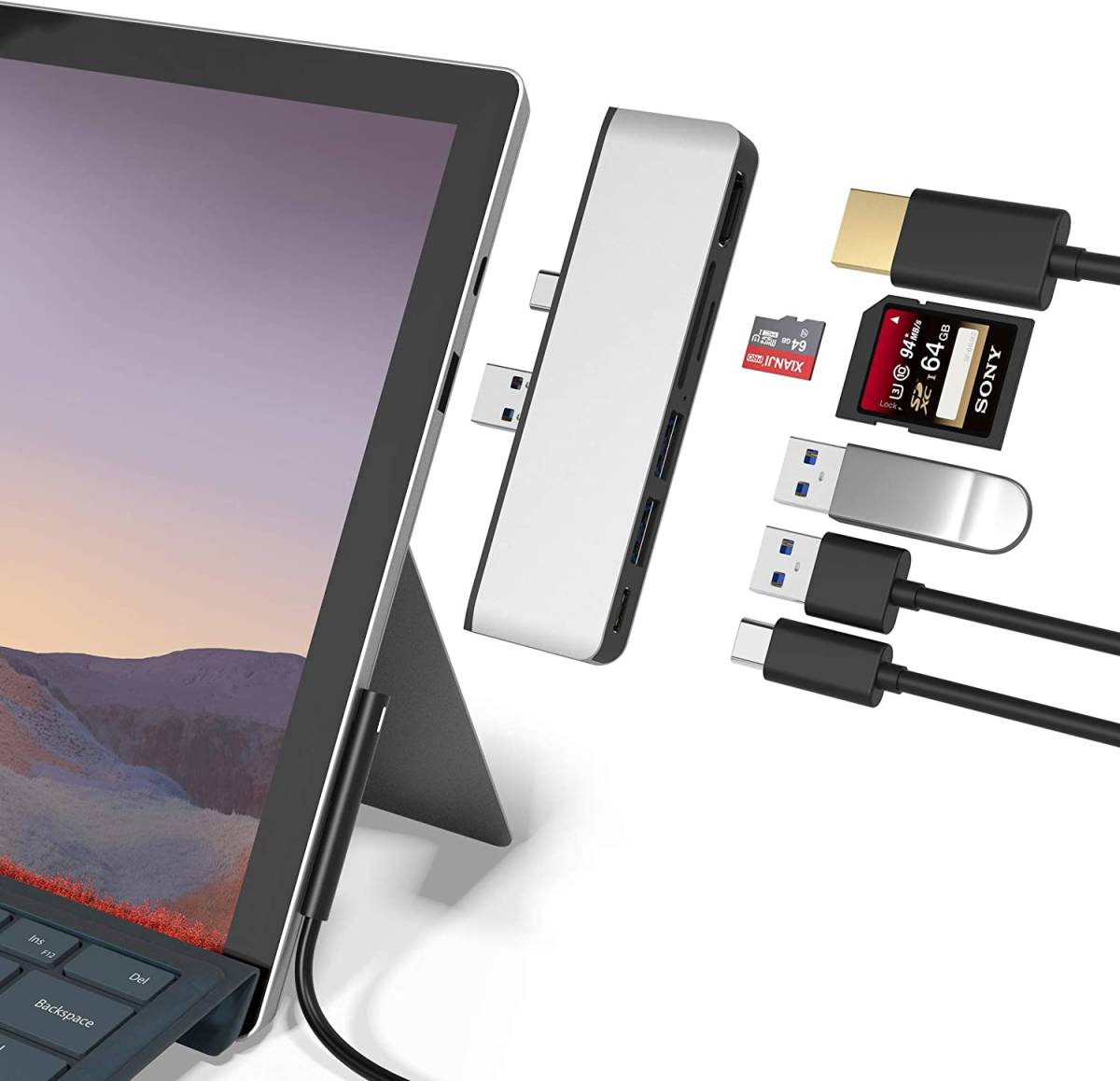 Surface Pro 7 ハブ 6ポート付きマルチ 6 in 1 アルミニウム サーフェス pro7 専用 ハブ拍卖