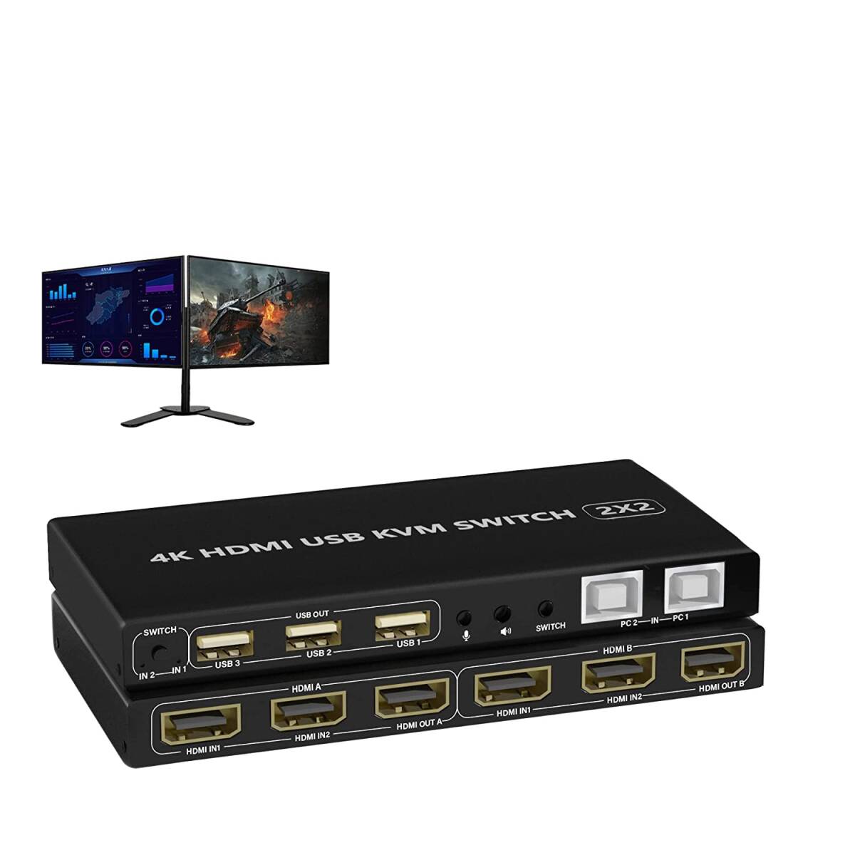 デュアルモニター HDMI KVMスイッチ2ポート 4K デュアルモニター HDMI 拡張 KVM 切替器 HDMI 2入力2出力拍卖