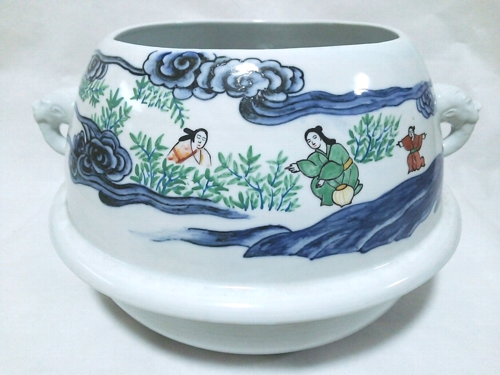 ★【一美堂】★鍋島手★白磁に人物と雲の色絵★手付『陶釜』★木箱付★拍卖