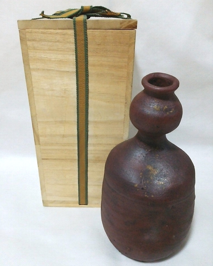 ★【一美堂】★備前焼★焼締『瓢形 一輪挿し』花生 徳利★名品★木箱付★★拍卖