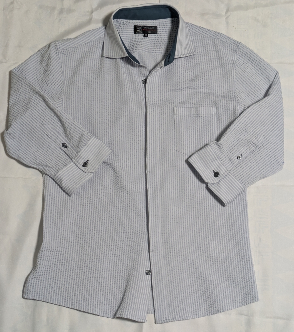 サイズ48(L) MK ミッシェルクランオム ストライプシャツ COOLMAXサッカー 七分袖 ライトブルー拍卖