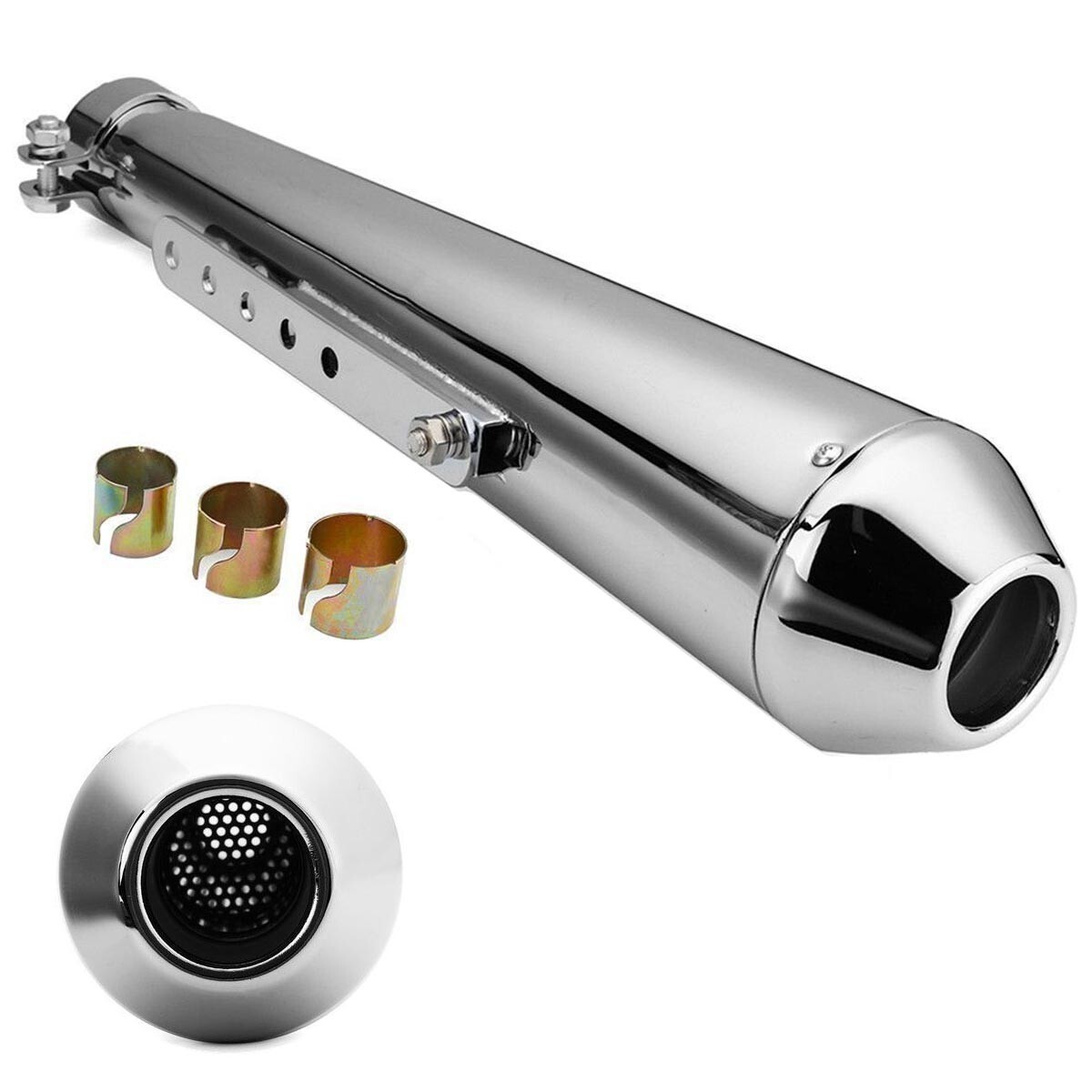 新品即決 バイク 汎用 アメリカン メガホン スリップオンマフラー メッキ XV125 XV250 XV400 ビラーゴ GV125 GV300拍卖