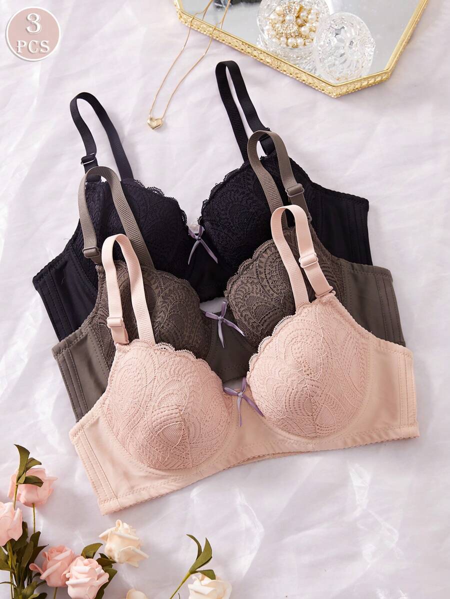 インティメート ブラジャー 3枚入り レディース快適マルチカラーセクシーレースアンダーワイヤーソフトカップ無地ブラレットランジェリ拍卖