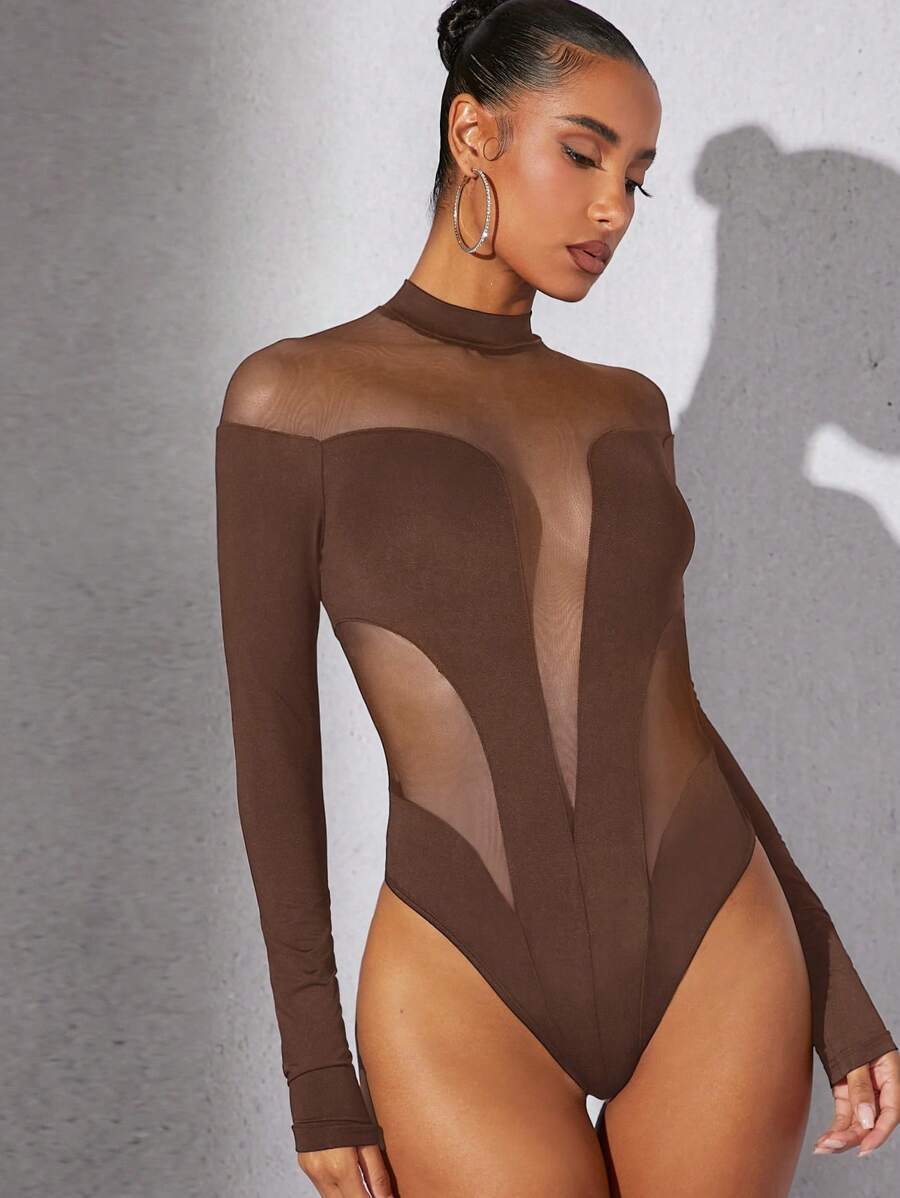 ボディスーツ 女性 単色 スタンドカラー メッシュスプライス 長袖 ボディースーツ拍卖
