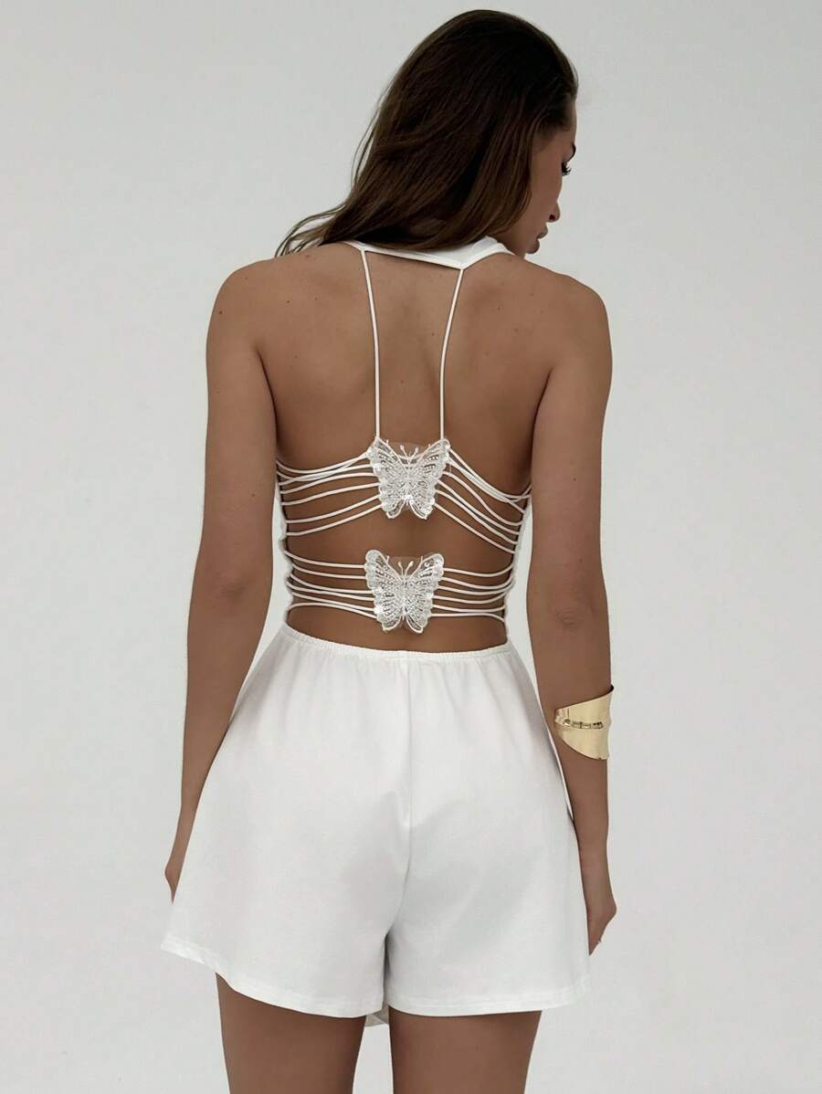 ボディスーツ レディース ディープネック ホルターネック バタフライ ロンパース ジャンプスーツ拍卖