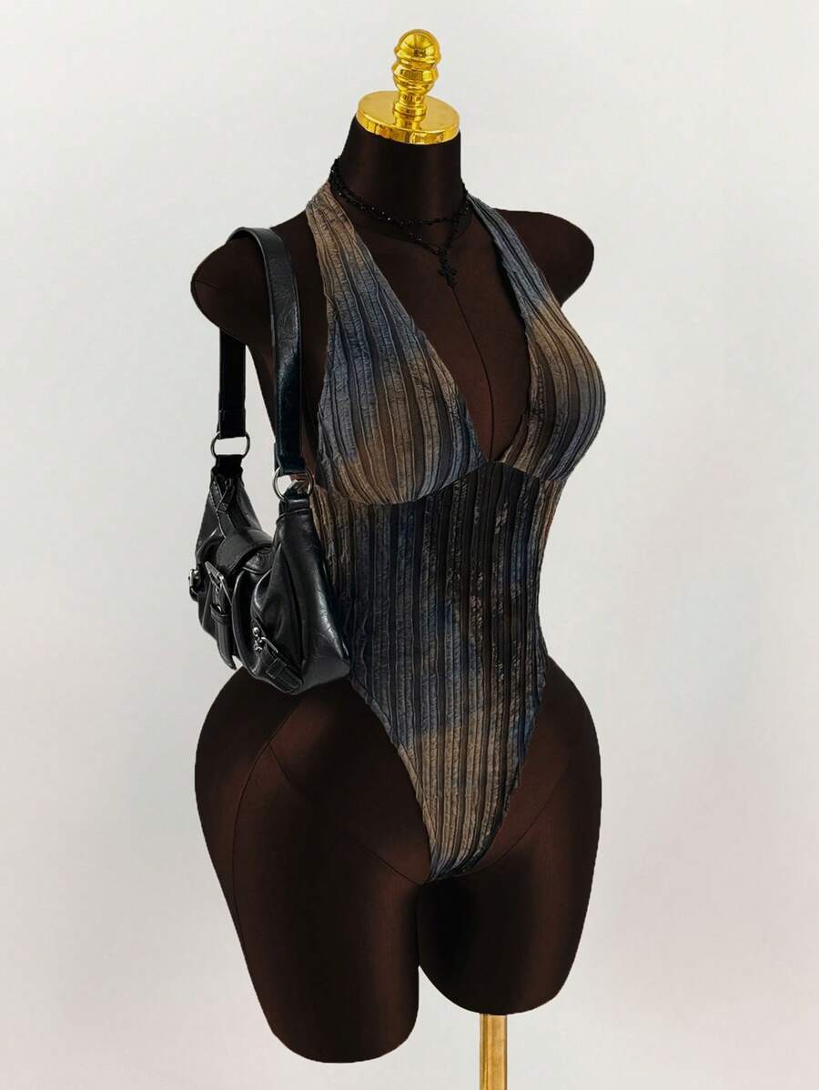 ボディスーツ 深ネックホルターネック テクスチャー タイダイ ボディースーツ拍卖