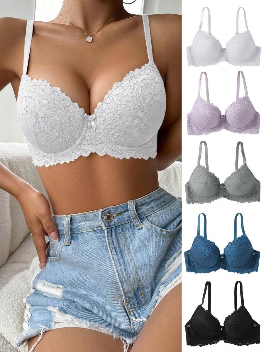 インティメート ブラジャー 5個セット ロマンティックレースパッド入りブラ、小さいバスト用、日常着ランジェリー拍卖