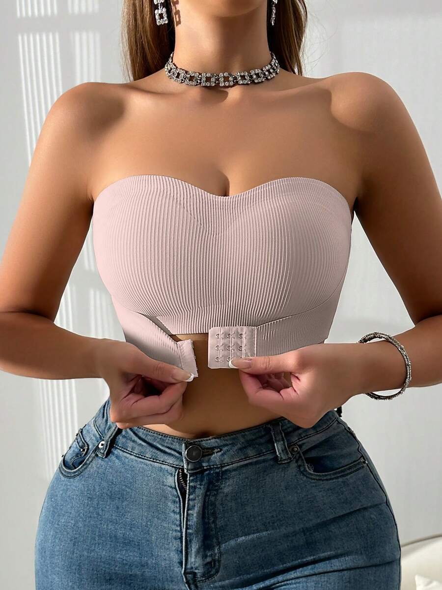 インティメート ブラジャー 1個 女性用フロントボタンリブ編みブラ、前開き パッド入り ワイヤレスブラ、バンドゥトップ、取り外し可拍卖