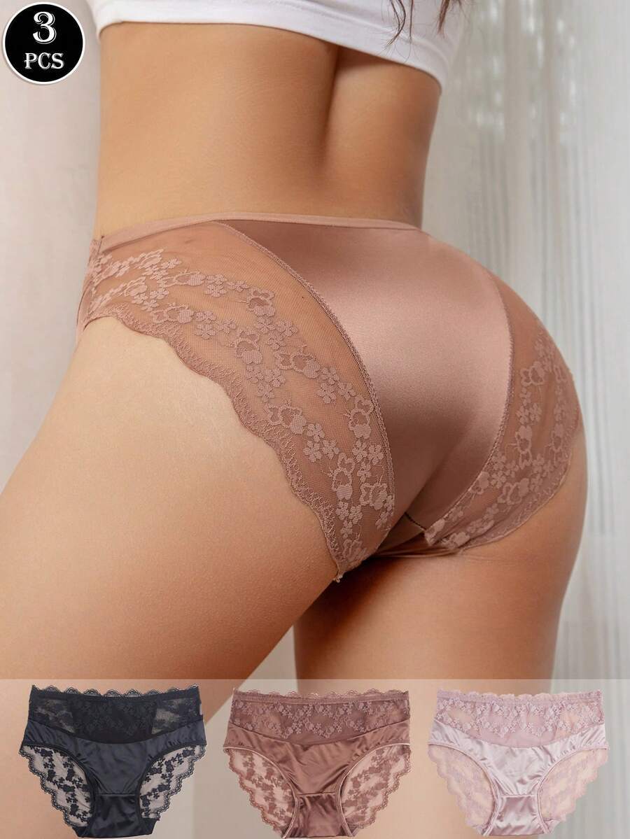 インティメート ショーツ 3枚セット レディース ロマンチック ミッドウエスト ソリッドカラー レースブリーフ ショーツ ランジ拍卖