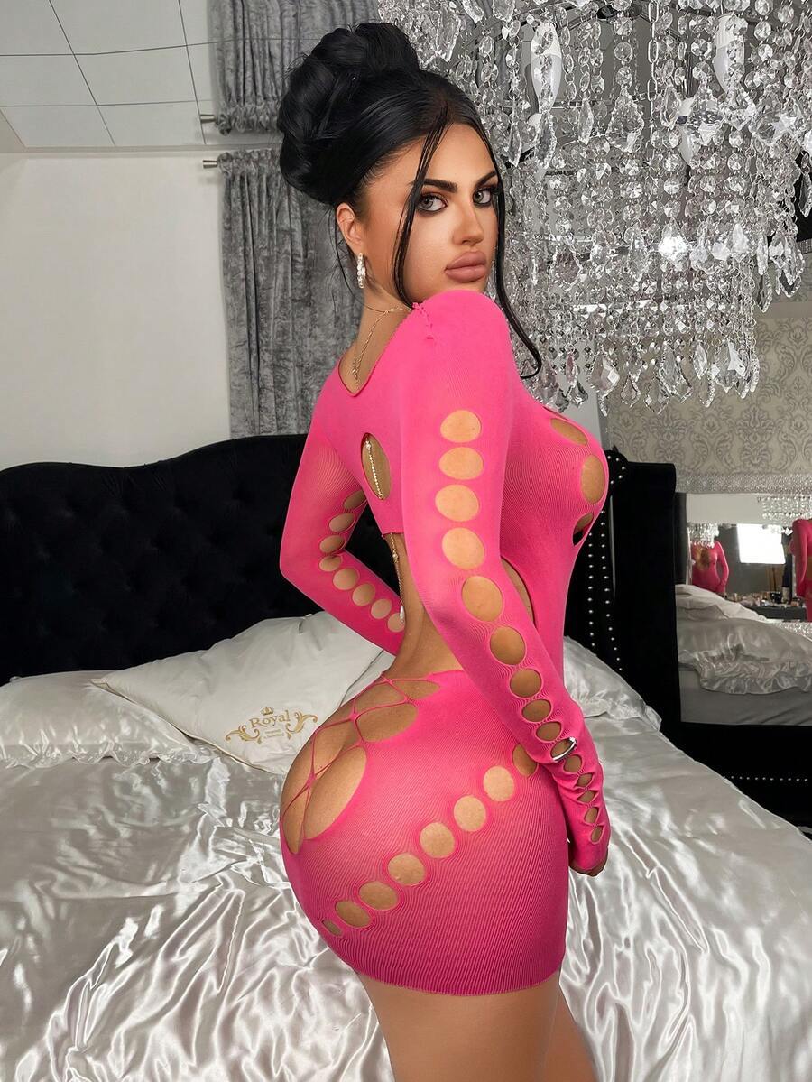 インティメート ランジェリー 1個 女性用セクシーメッシュネットボディコンクラブウェアドレス、ローズレッド、ディープカット、露出度拍卖