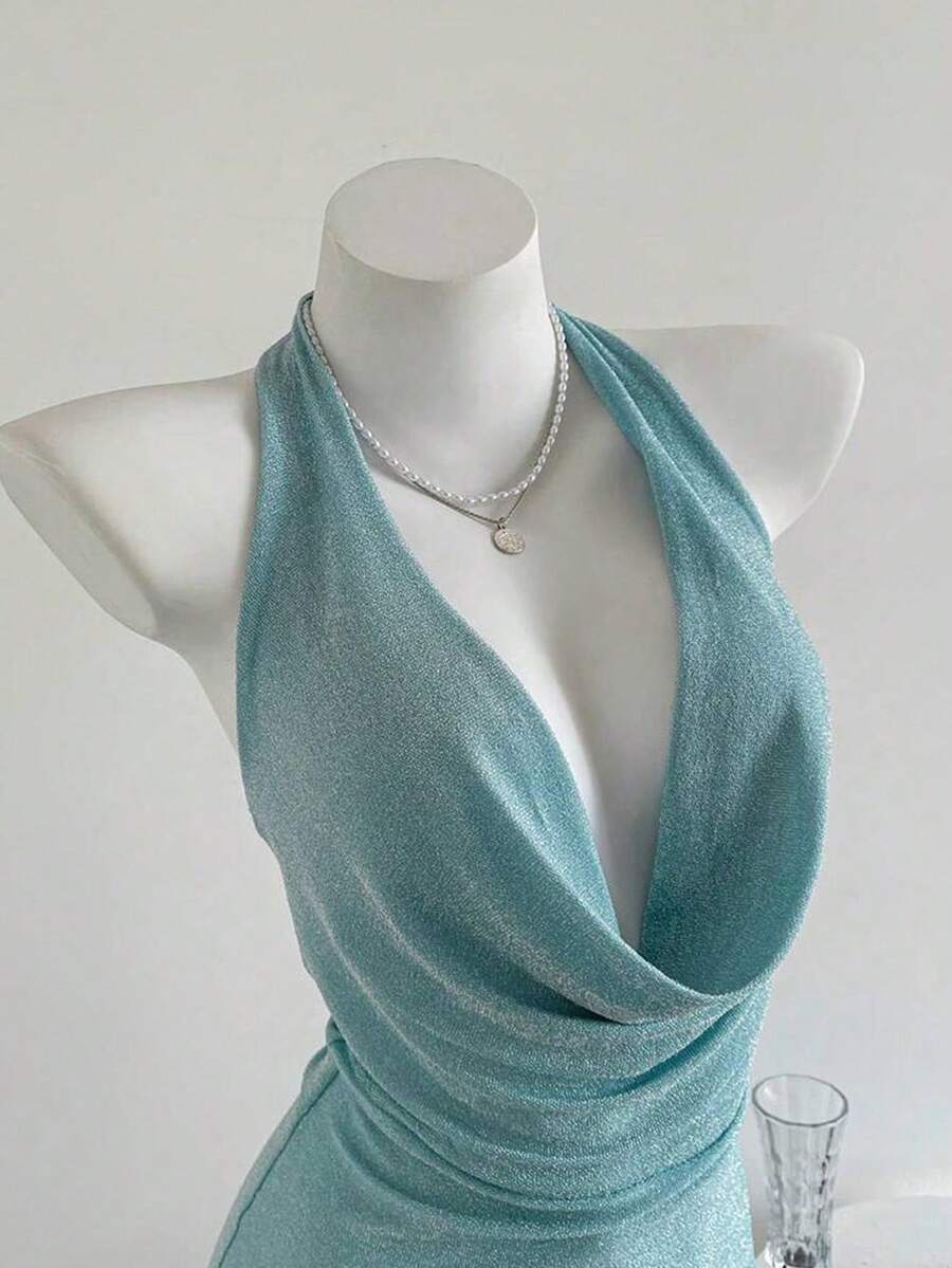 ボディスーツ 浅い青色 ノースリーブ ディープネック メタリックグリッターボディスーツ、春夏やバカンスに適しています拍卖