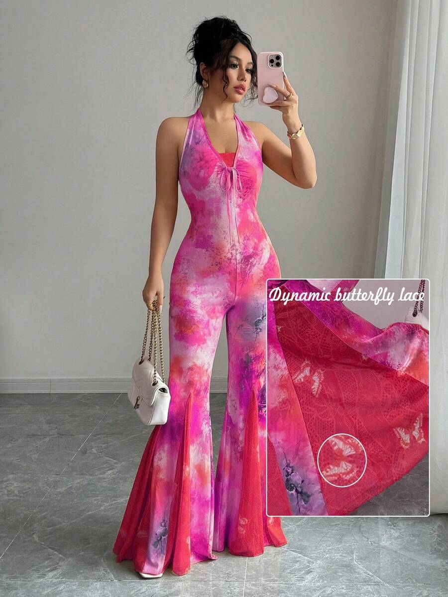 ボディスーツ ゴールドチェーンネックレス付きフローラルプリントレースジャンプスーツ(ランダムカット)拍卖