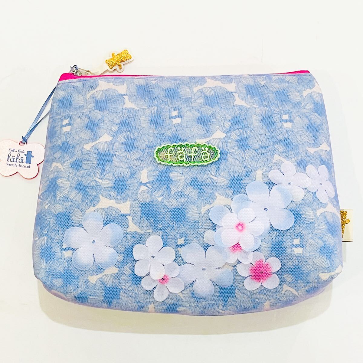 【新品未使用】fafa フェフェ ポーチ ブルーパンジー チュールレース お花 造花 花柄 ファスナー 大きめポーチ コスメ ファンシー拍卖