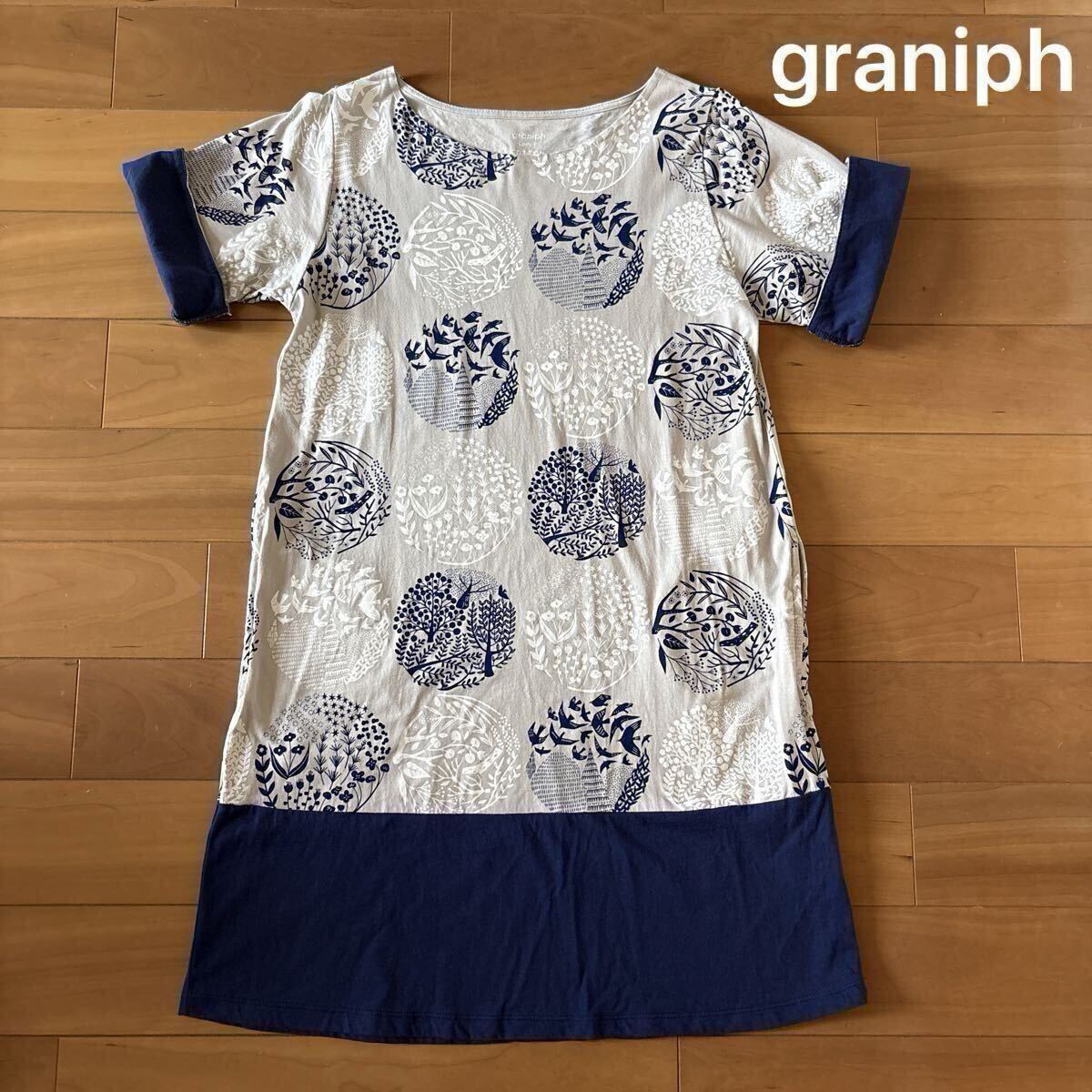 ☆美品☆グラニフ graniph 鳥 ボタニカル柄 コットンワンピース チュニック 両サイドポケット付 五部袖 半袖 2WAYデザイン レディースF拍卖