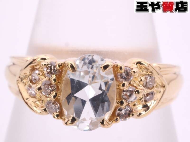 ブルートパーズ ダイヤ0.08ct デザインリング10号 K18YG イエローゴールド拍卖