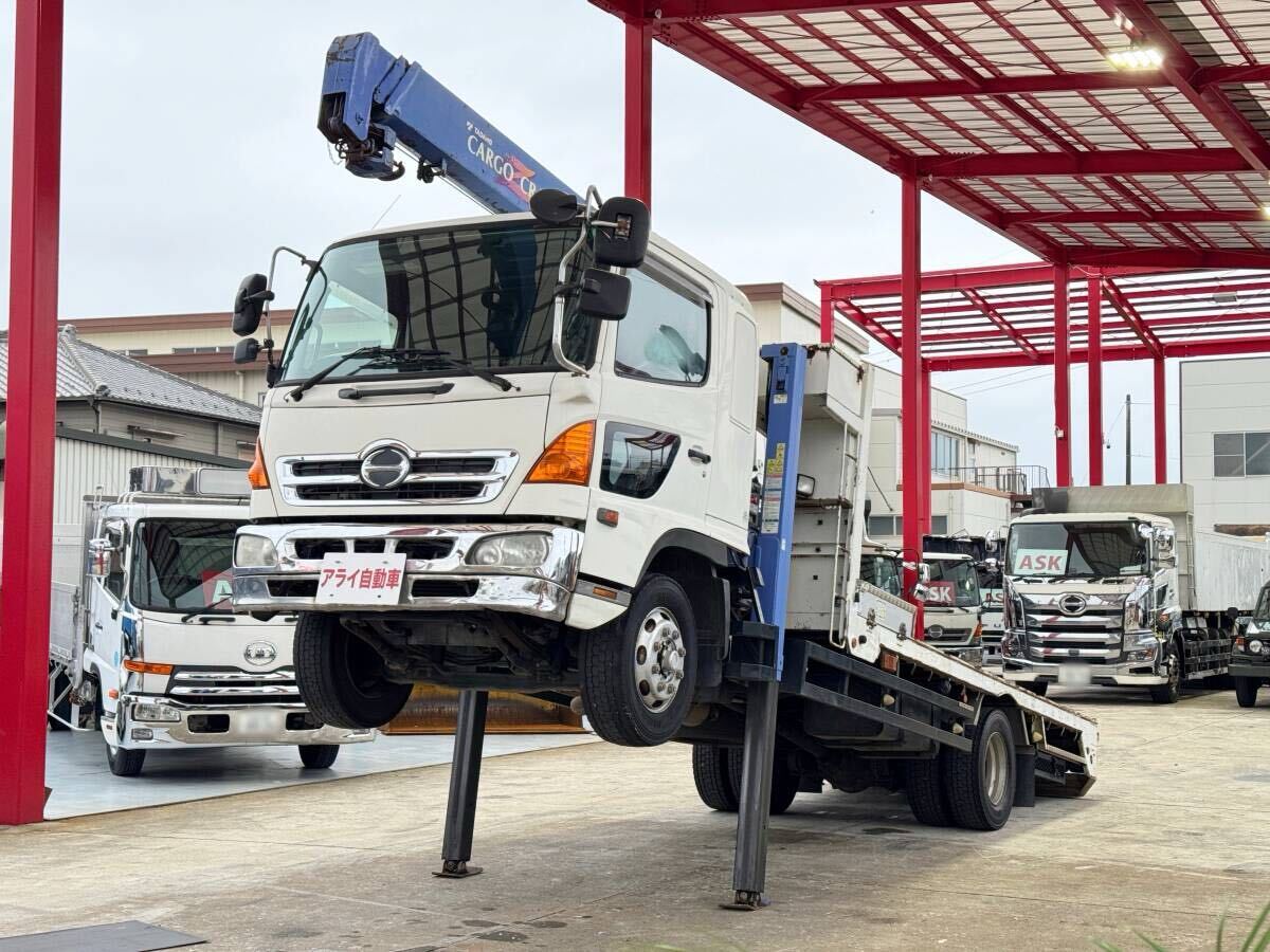 税込【増トン・6200kg・全長8.4m・ウィンチ・ハイジャッキ・3段クレーン】日野★レンジャー★セルフローダー★重機運搬車★回送車★愛知拍卖