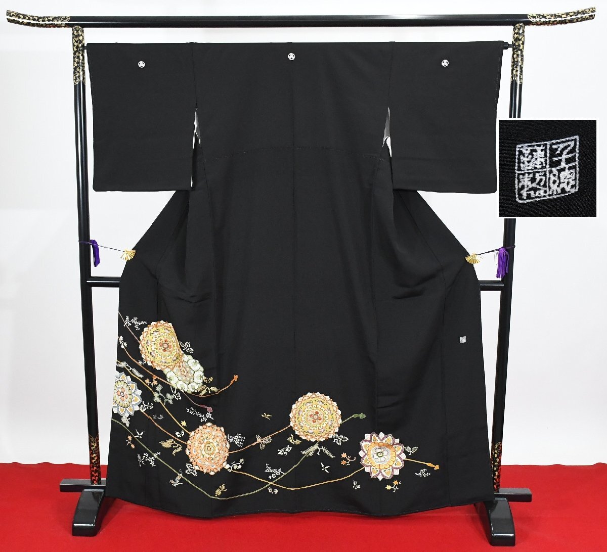 黒留袖 結婚式 唐花 千總 三越 更紗 身丈159cm 裄丈67cm ★着物 e-1439 桜庭呉服店拍卖