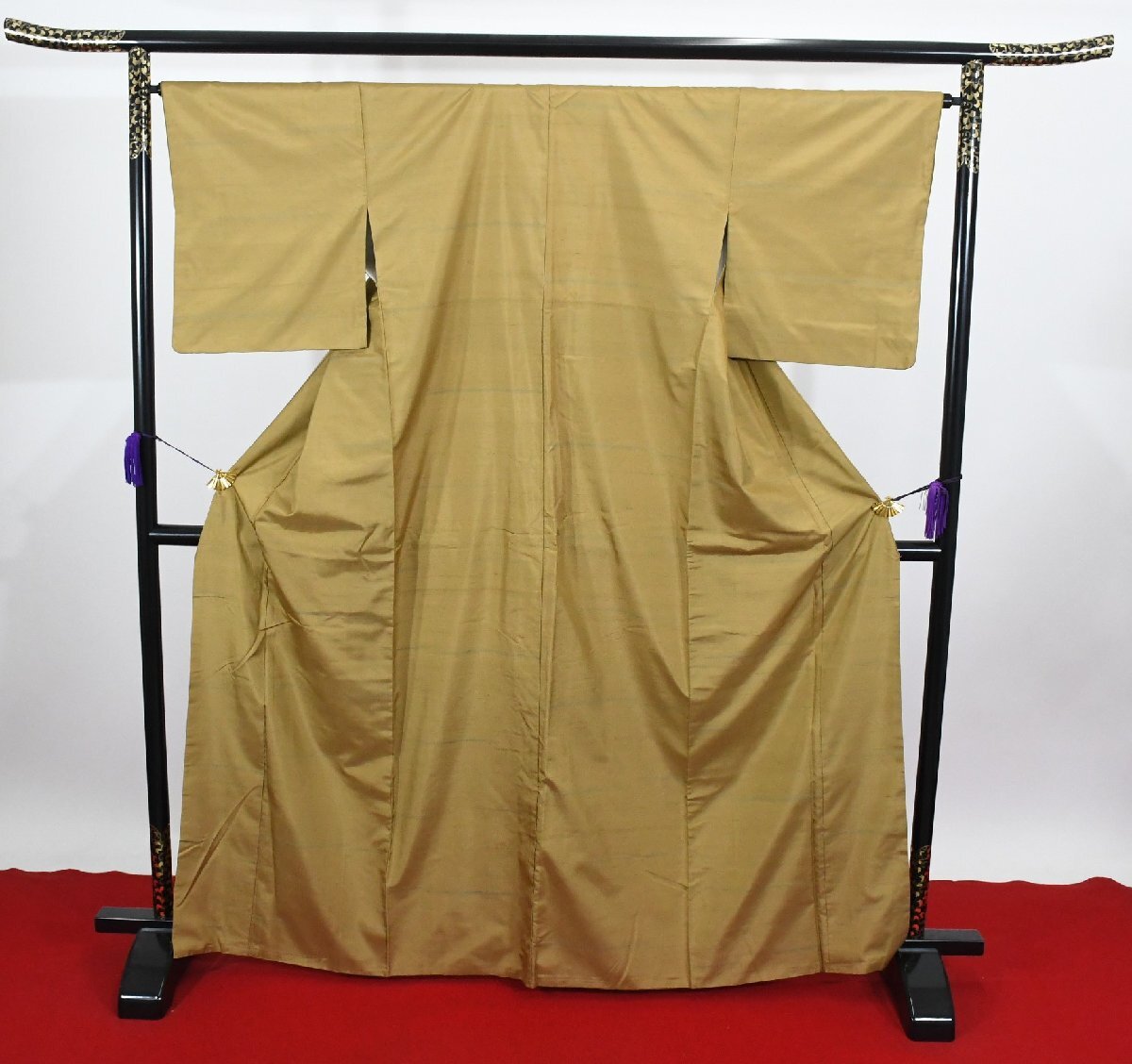 紬 つむぎ 辛子色 横縞絣 身丈159cm 裄丈65.5cm ★着物 pb-3409 桜庭呉服店拍卖