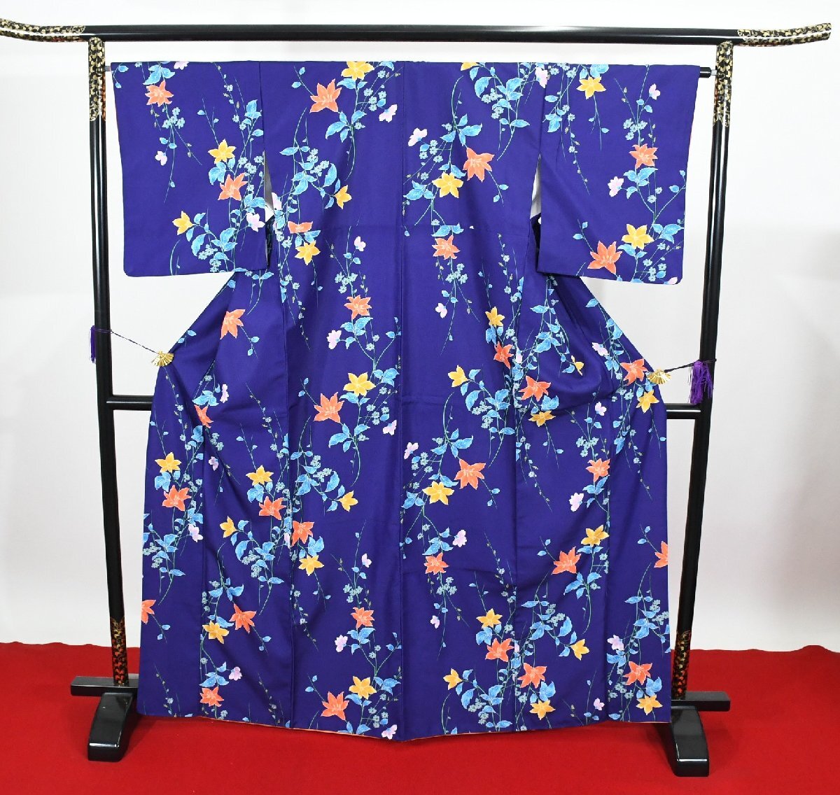 小紋 着物 袷 花 青 身丈160cm 裄丈65.5cm ★ kb-7238 桜庭呉服店拍卖