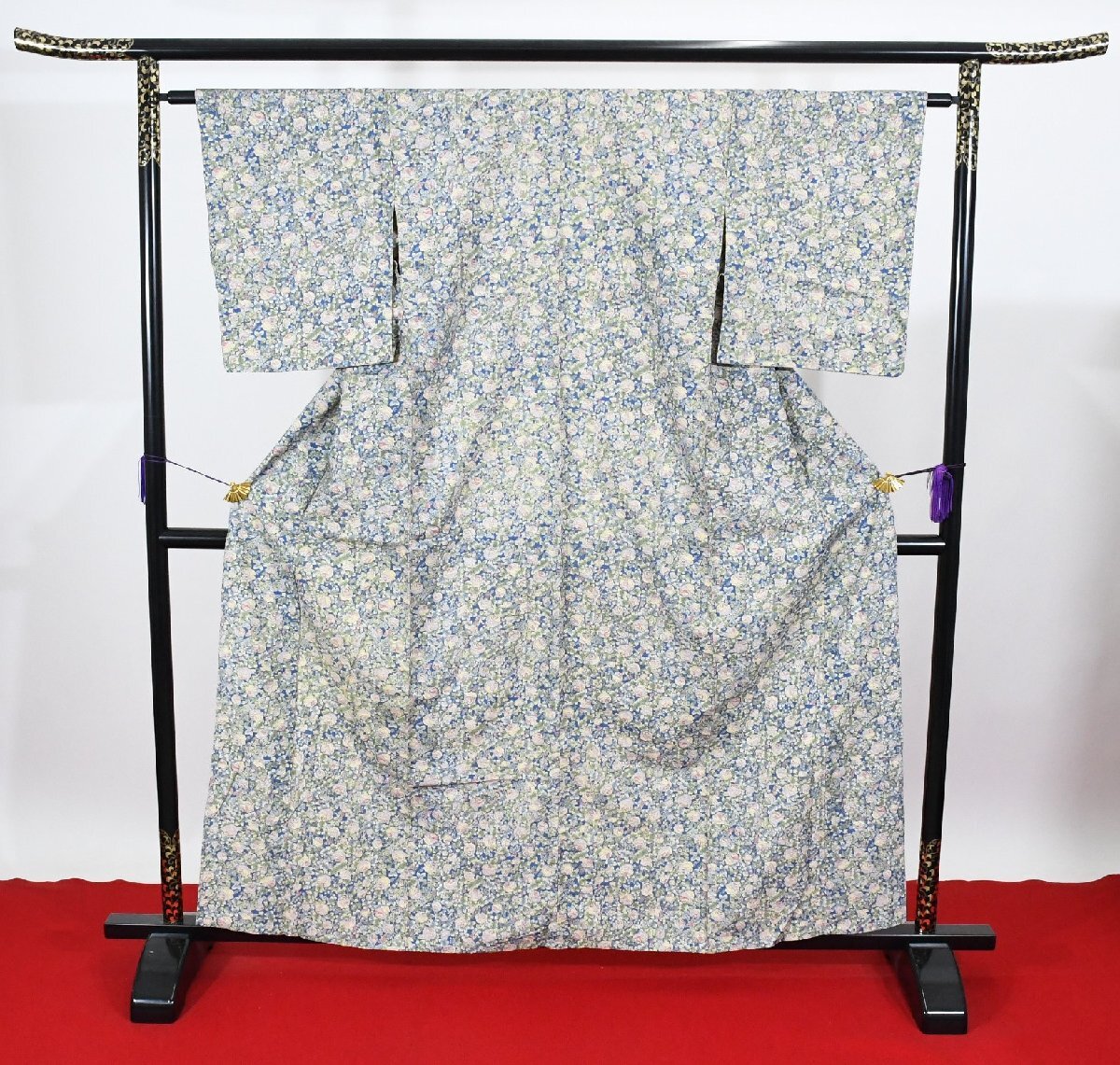 小紋 着物 単衣 ローズ 薔薇 紬地 身丈153.5cm 裄丈62cm ★ kb-7000 桜庭呉服店拍卖