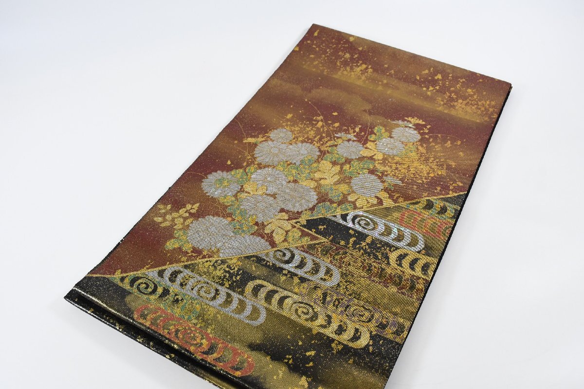 袋帯 六通柄 お太鼓柄 螺鈿 流水 菊 帯丈440cm ★着物屋 ne-16418 桜庭呉服店拍卖