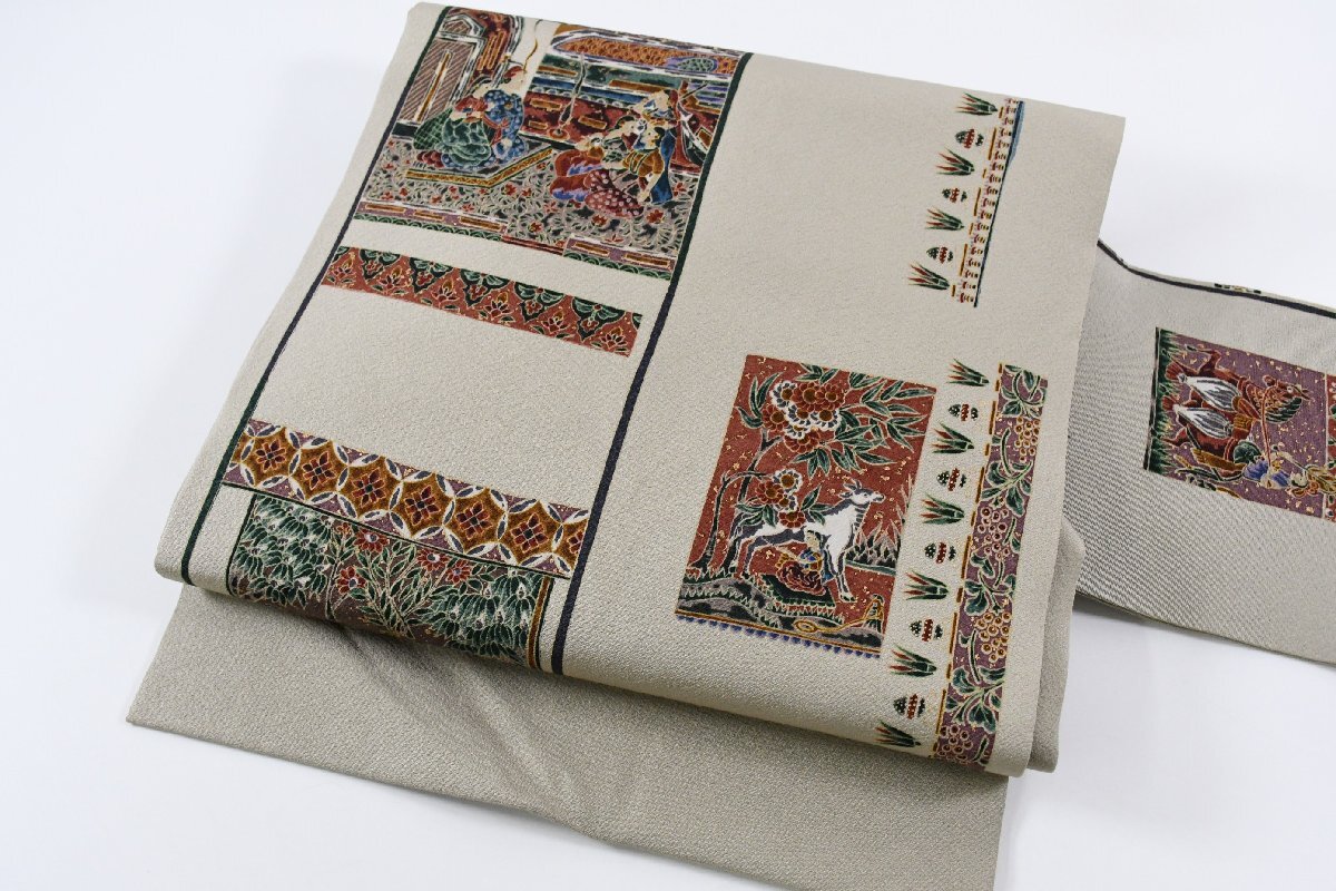 名古屋帯 人物文様 更紗 動物 型染め 山羊 帯丈364cm ★着物屋 ne-16427 桜庭呉服店拍卖