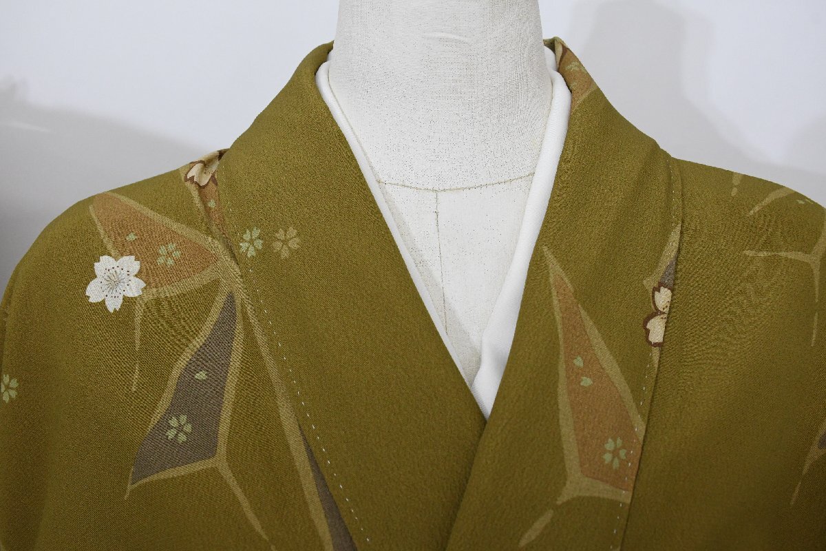 小紋 着物 袷 桜 麻の葉 洗える着物 身丈162cm 裄丈68.5cm ★ kb-7234 桜庭呉服店拍卖